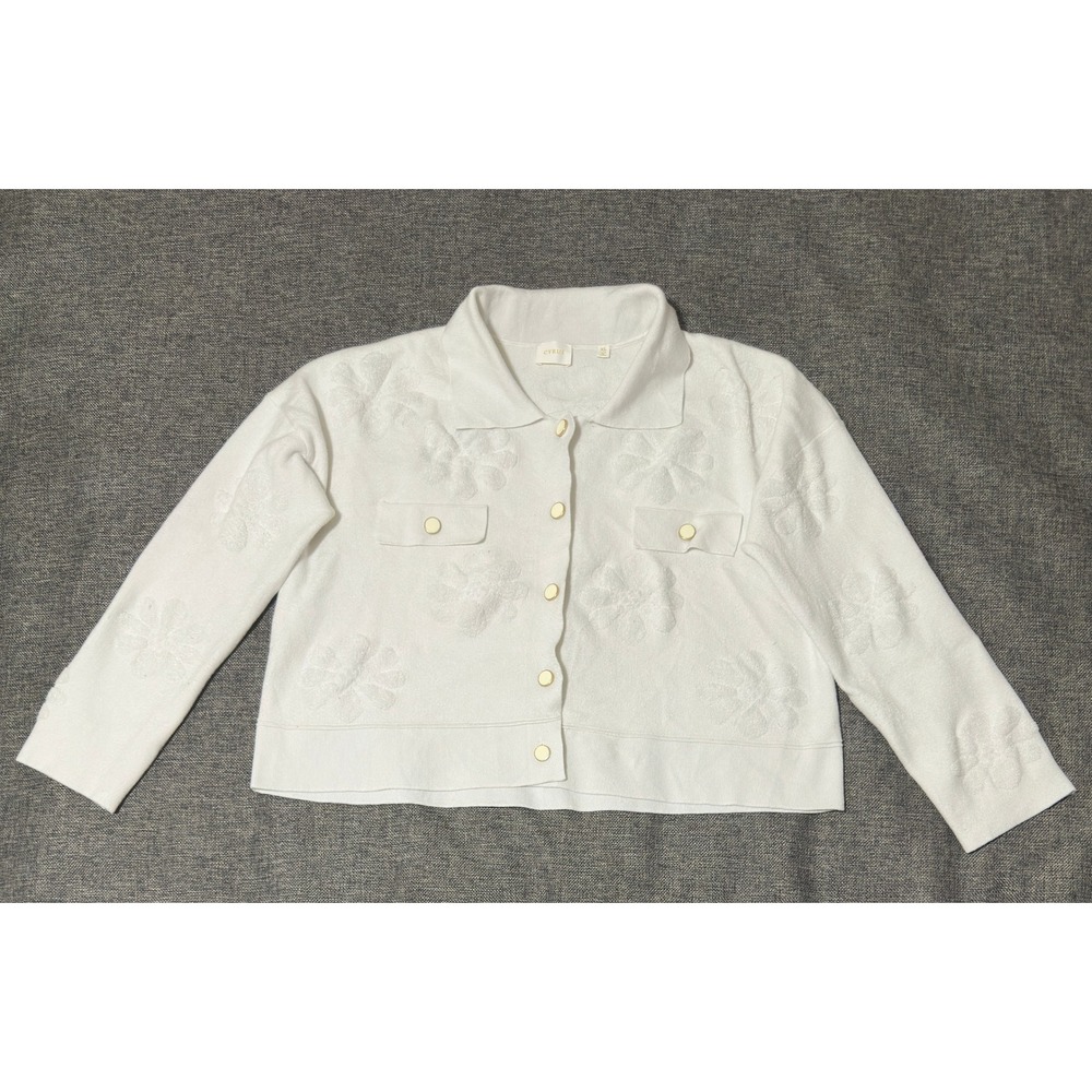 Cyrus Womens XL Cardigan Sweater White Floral Textured Button Front Collared